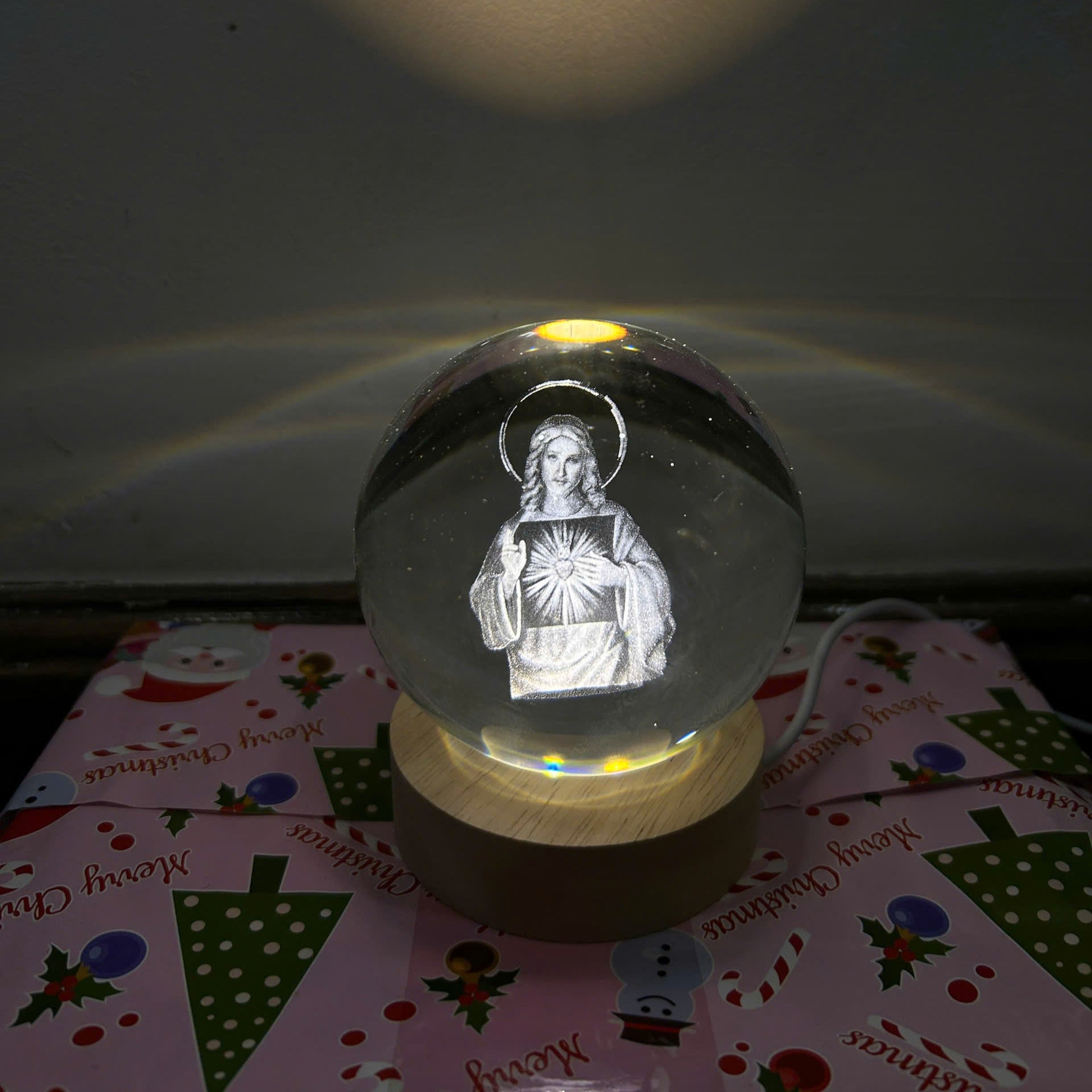 Sacred Heart of Jesus Crystal Sphere with LED Base, A Radiant Symbol of Faith, Jesus Crystal Sphere